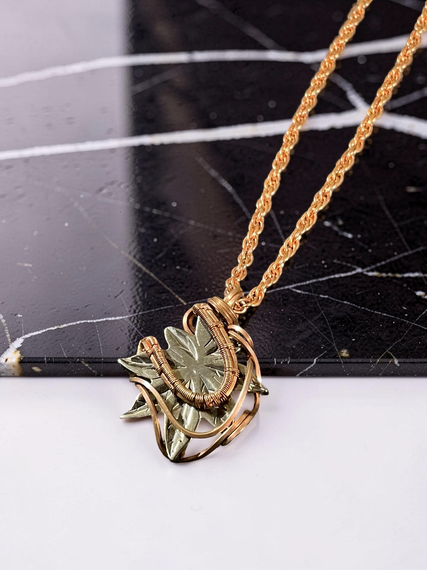 Pyrite Cannabis Leaf Necklace