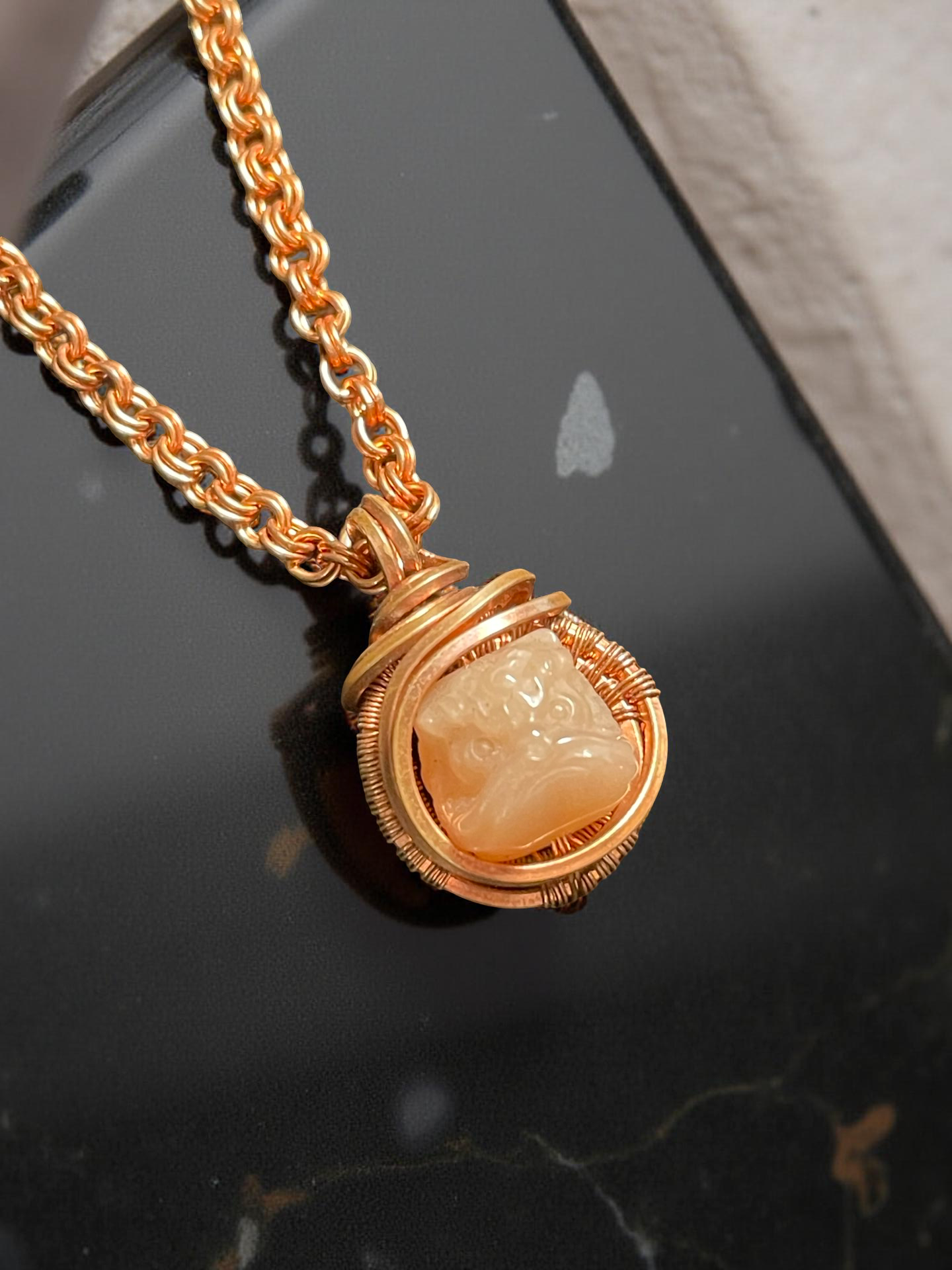Peach Moonstone Tiger's Head Necklace
