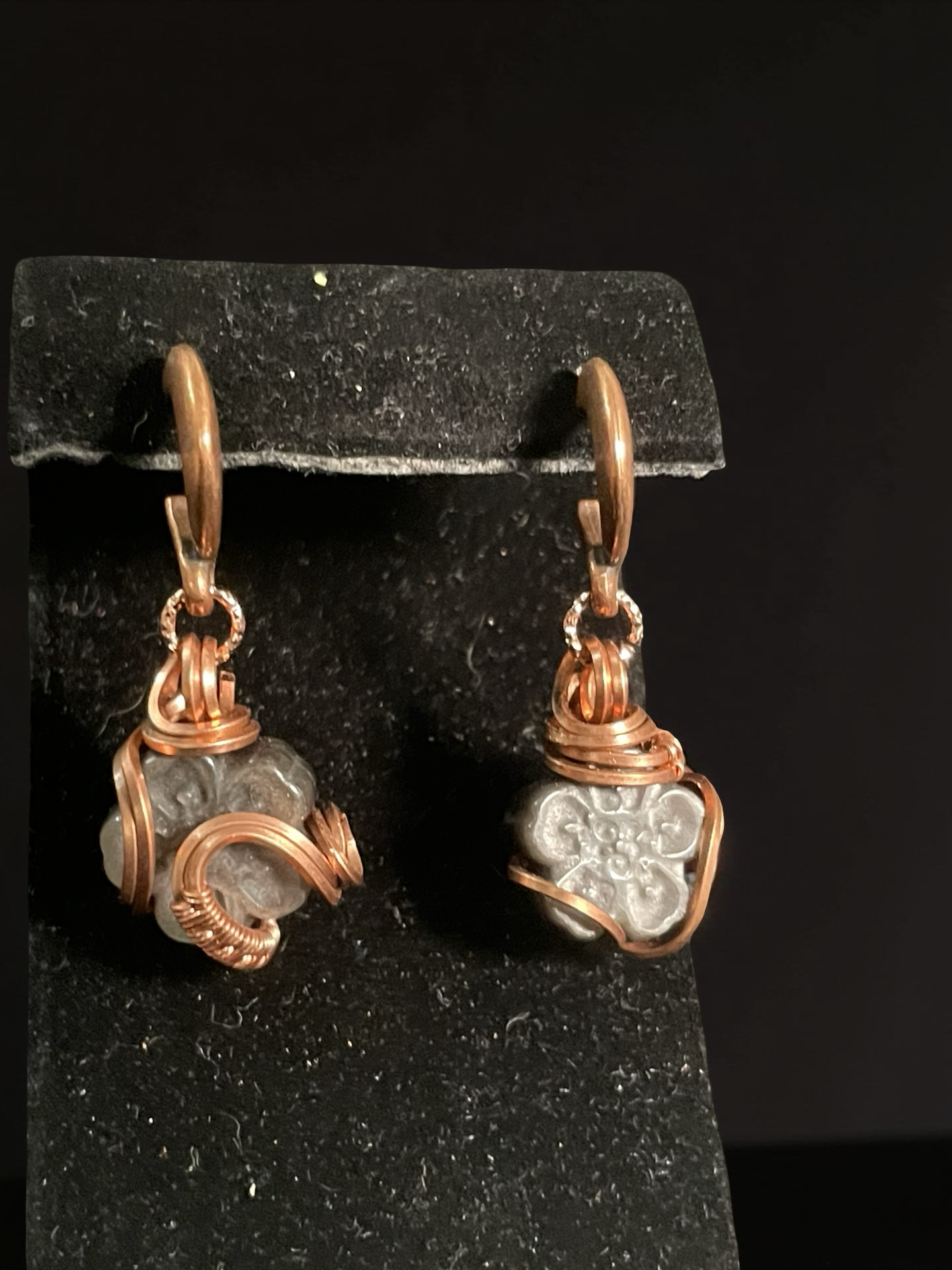 Silver Sheen Obsidian Flower Carved Dangling Earrings
