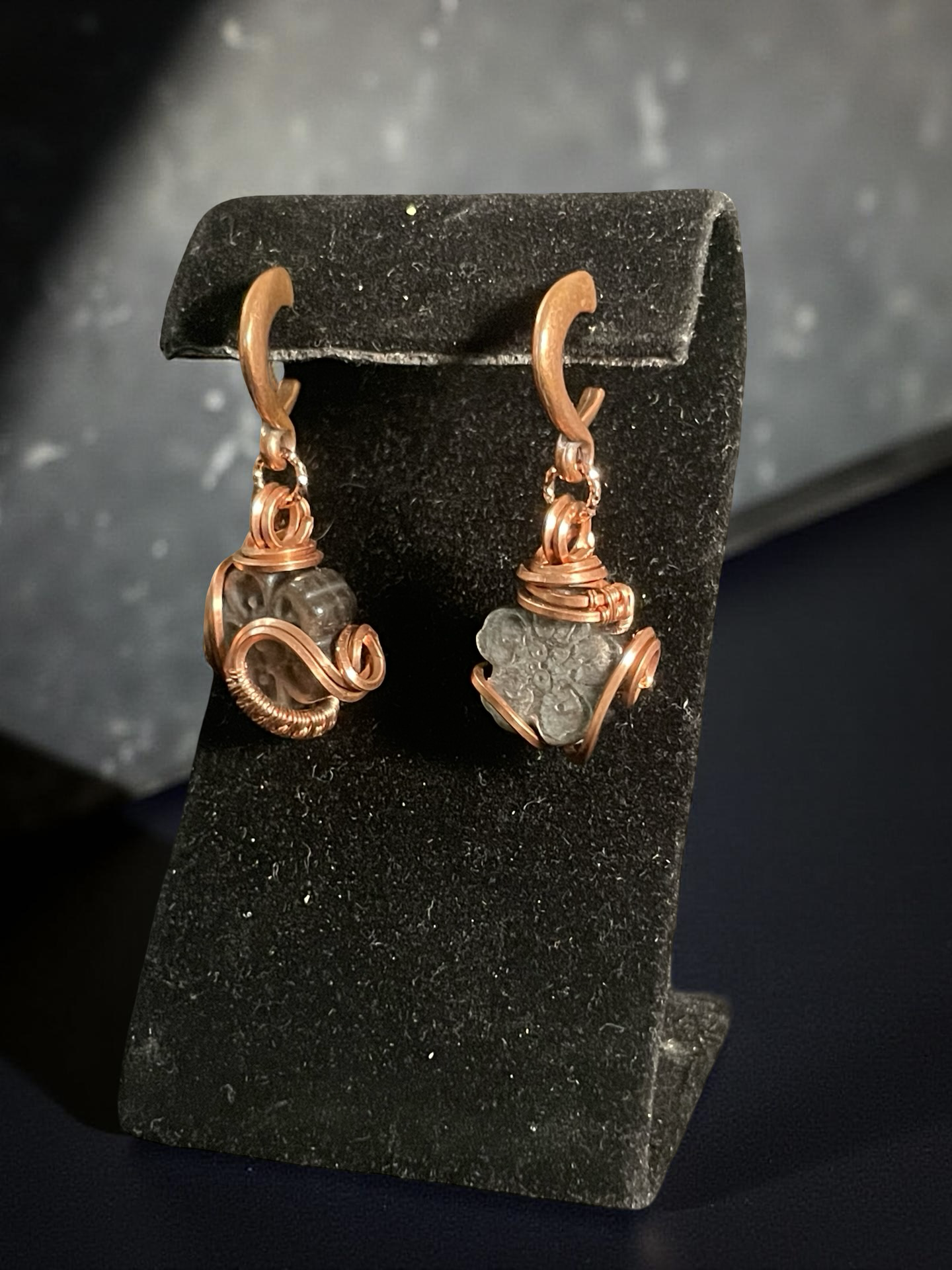 Silver Sheen Obsidian Flower Carved Dangling Earrings