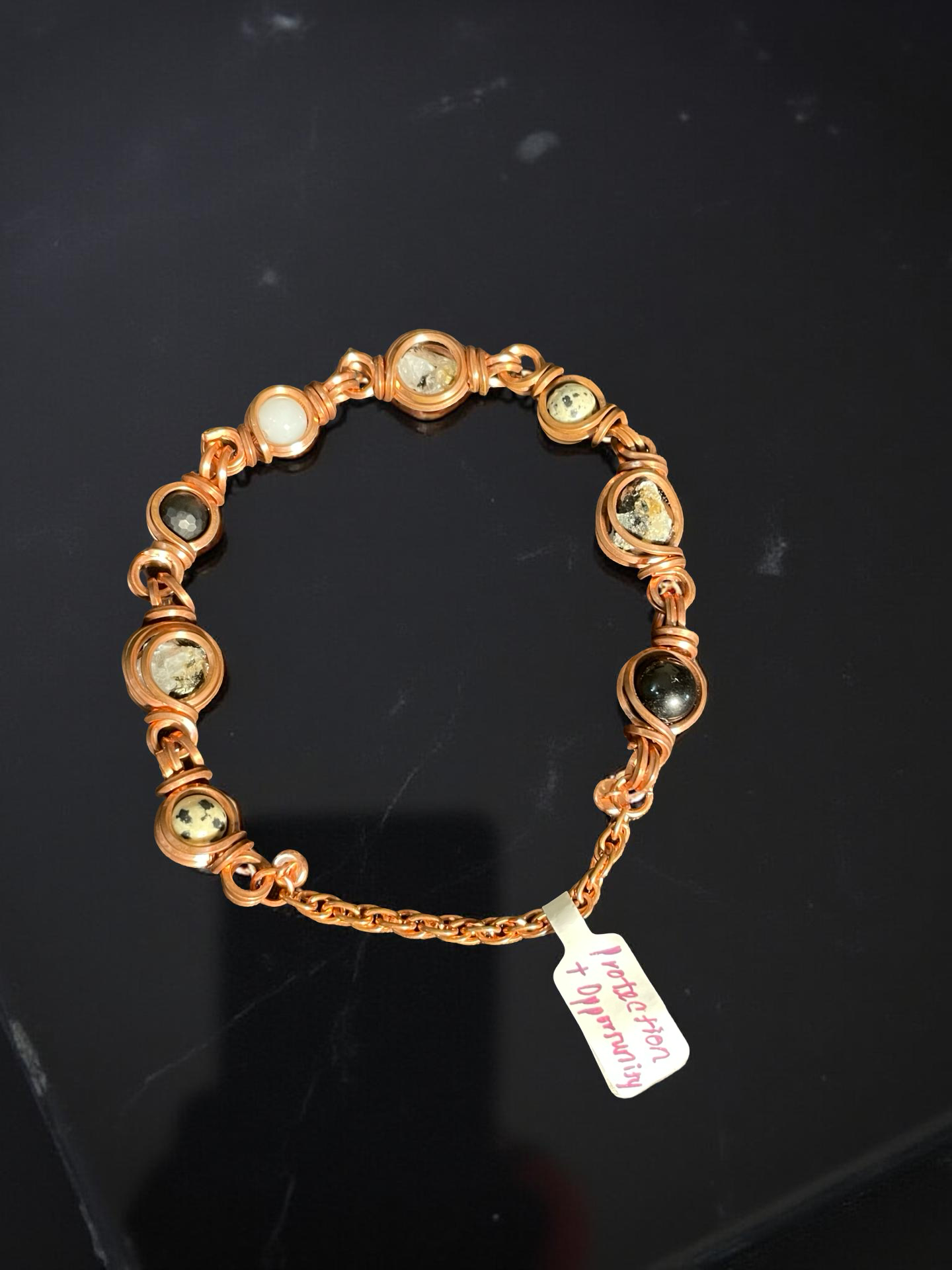 Protection + Opportunity Link Bracelet w/ Magnetic Clasp | Onxy, Black Moonstone, Dalmatian Jasper, Herkimer Diamond